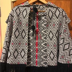 Vintage Guatemalan Black and Red Women's poncho cape with zipper hood